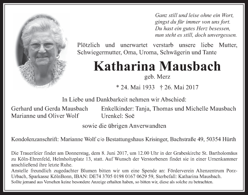  Traueranzeige für Katharina Mausbach vom 03.06.2017 aus  Sonntags-Post 