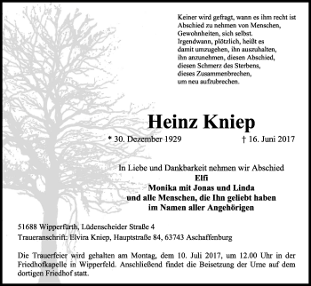 Anzeige von Heinz Kniep von Kölner Stadt-Anzeiger / Kölnische Rundschau / Express