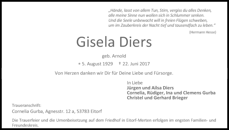  Traueranzeige für Gisela Diers vom 28.06.2017 aus Kölner Stadt-Anzeiger / Kölnische Rundschau / Express