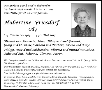 Anzeige von Hubertine Friesdorf von Kölner Stadt-Anzeiger / Kölnische Rundschau / Express