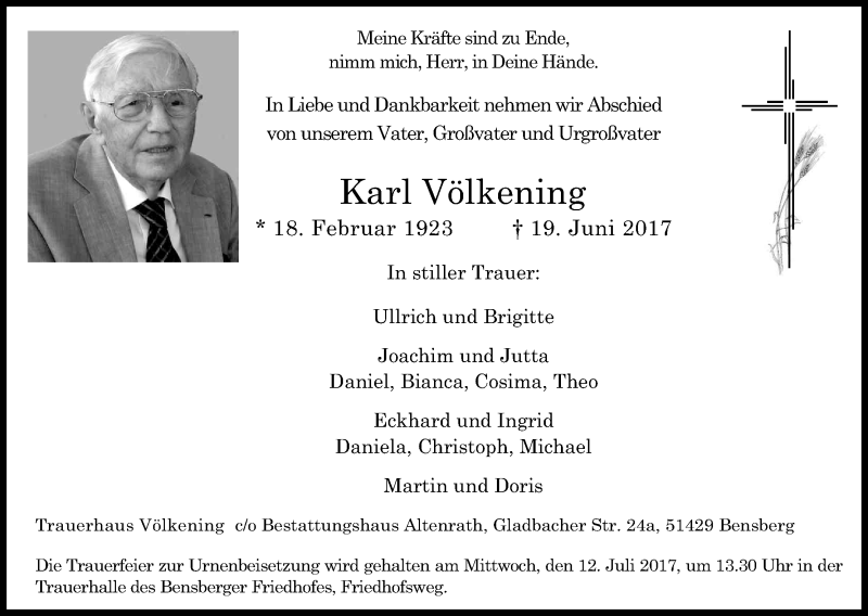  Traueranzeige für Karl Völkening vom 01.07.2017 aus Kölner Stadt-Anzeiger / Kölnische Rundschau / Express