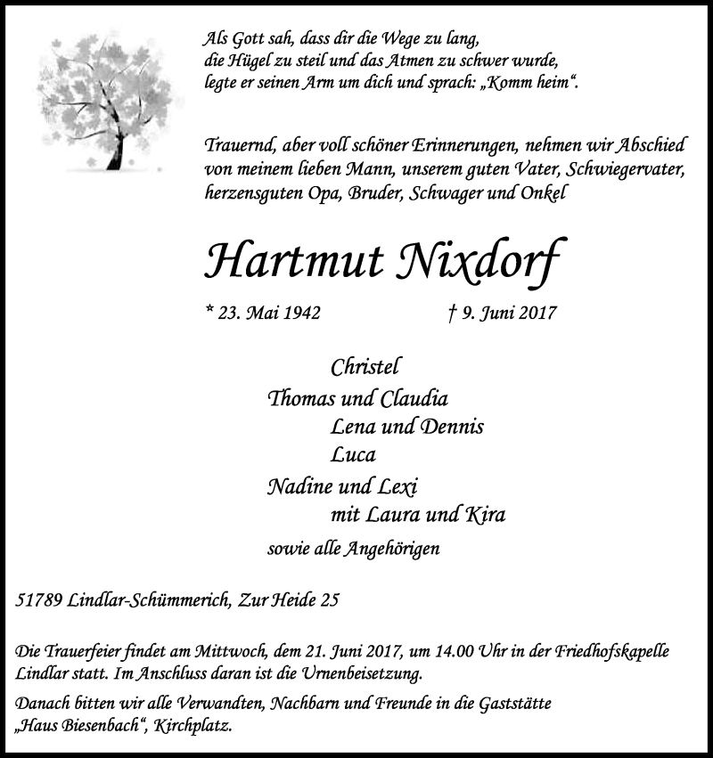  Traueranzeige für Hartmut Nixdorf vom 17.06.2017 aus Kölner Stadt-Anzeiger / Kölnische Rundschau / Express