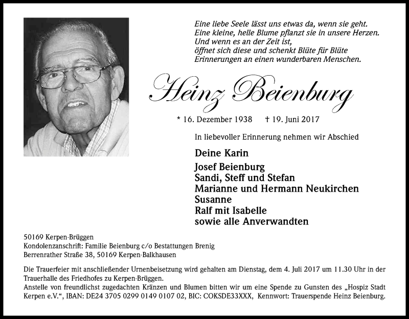  Traueranzeige für Heinz Beienburg vom 01.07.2017 aus Kölner Stadt-Anzeiger / Kölnische Rundschau / Express