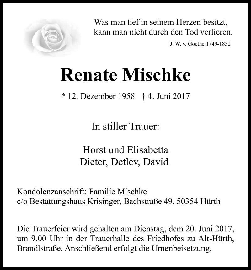  Traueranzeige für Renate Mischke vom 14.06.2017 aus Kölner Stadt-Anzeiger / Kölnische Rundschau / Express