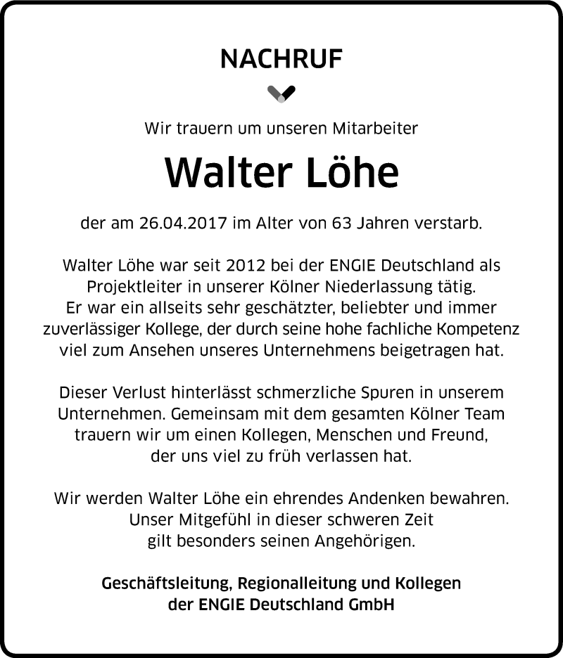  Traueranzeige für Walter Löhe vom 10.06.2017 aus Kölner Stadt-Anzeiger / Kölnische Rundschau / Express