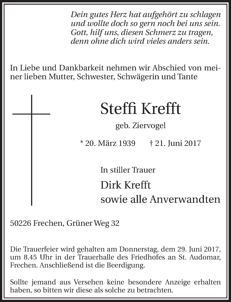  Traueranzeige für Steffi Krefft vom 24.06.2017 aus  Sonntags-Post 