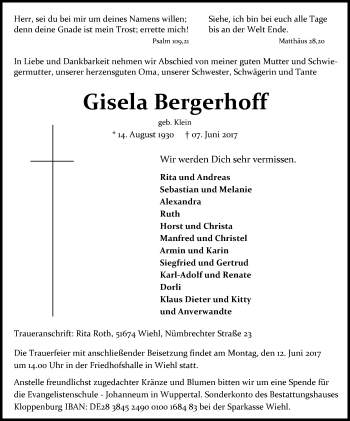 Anzeige von Gisela Bergerhoff von Kölner Stadt-Anzeiger / Kölnische Rundschau / Express