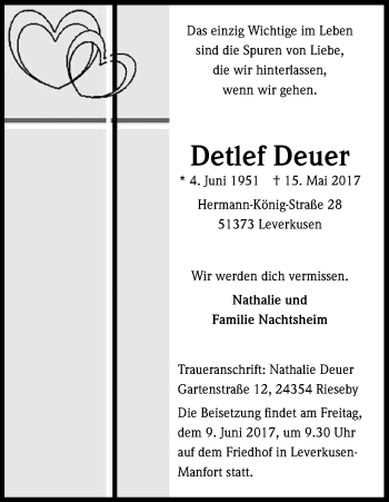 Anzeige von Detlef Deuer von Kölner Stadt-Anzeiger / Kölnische Rundschau / Express