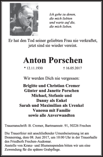Anzeige von Anton Porschen von  Sonntags-Post 