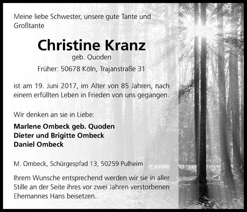  Traueranzeige für Christine Kranz vom 01.07.2017 aus Kölner Stadt-Anzeiger / Kölnische Rundschau / Express