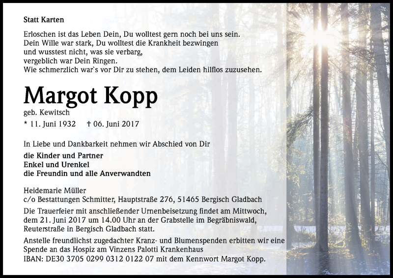  Traueranzeige für Margot Kopp vom 14.06.2017 aus Kölner Stadt-Anzeiger / Kölnische Rundschau / Express