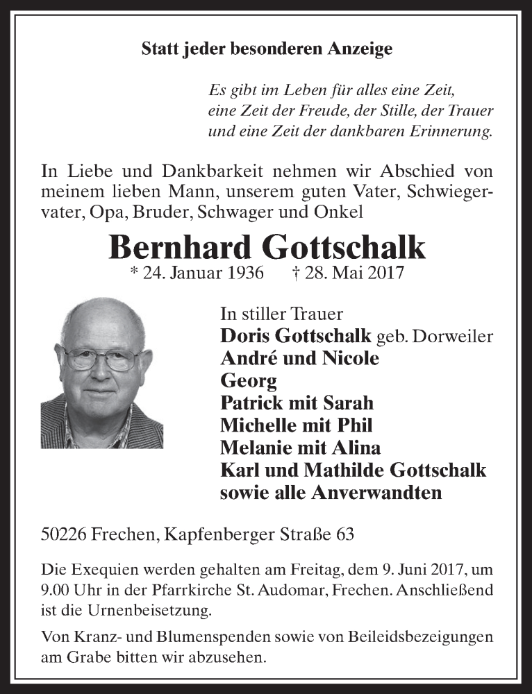  Traueranzeige für Bernhard Gottschalk vom 07.06.2017 aus  Wochenende 