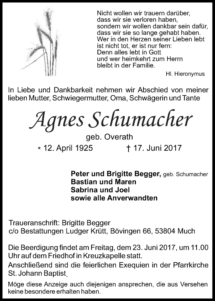  Traueranzeige für Agnes Schumacher vom 21.06.2017 aus Kölner Stadt-Anzeiger / Kölnische Rundschau / Express