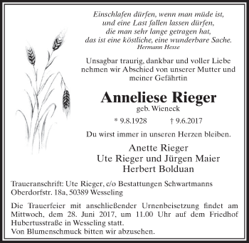 Anzeige von Anneliese Rieger von  Schlossbote/Werbekurier 