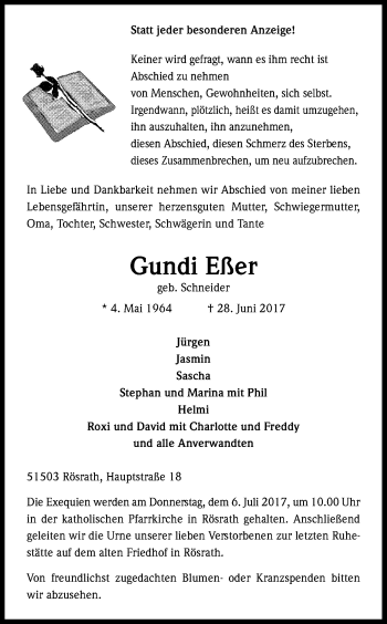 Anzeige von Gundi Eßer von Kölner Stadt-Anzeiger / Kölnische Rundschau / Express