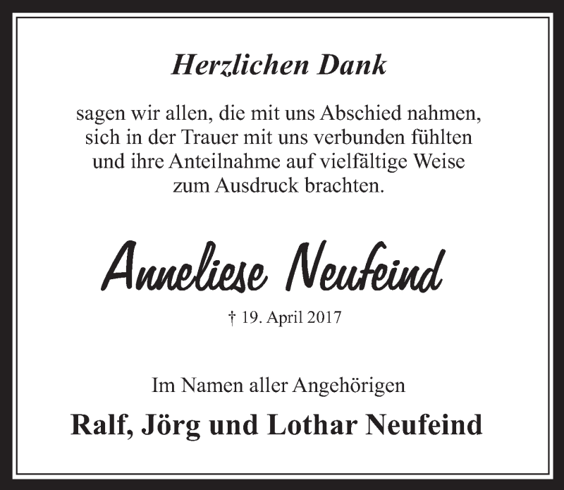  Traueranzeige für Anneliese Neufeind vom 14.06.2017 aus  Werbepost 