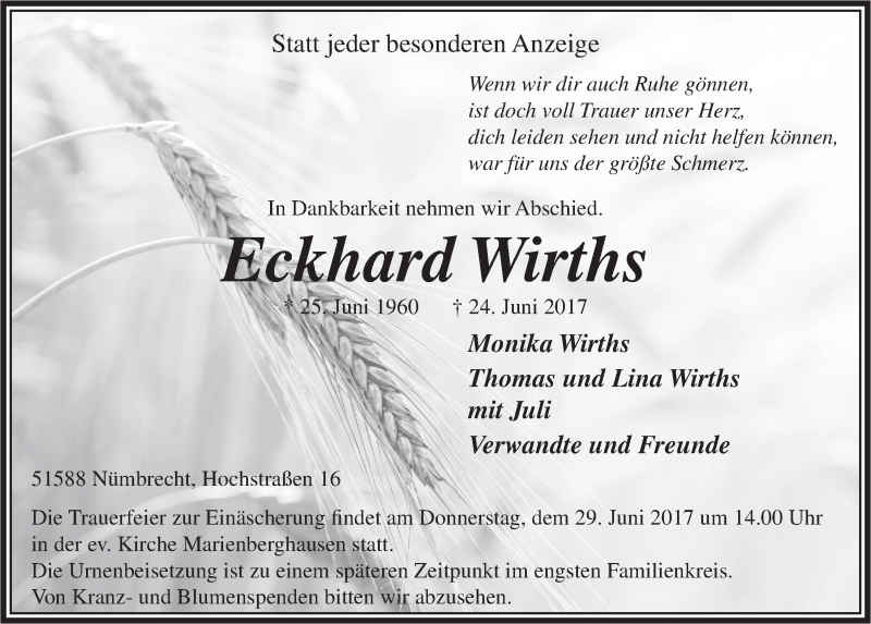  Traueranzeige für Eckhard Wirths vom 28.06.2017 aus  Lokalanzeiger 