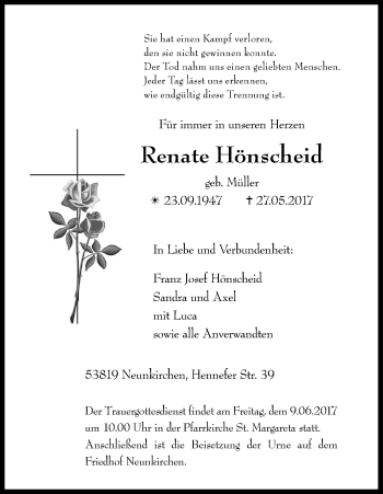 Anzeige von Renate Hönscheid von Kölner Stadt-Anzeiger / Kölnische Rundschau / Express