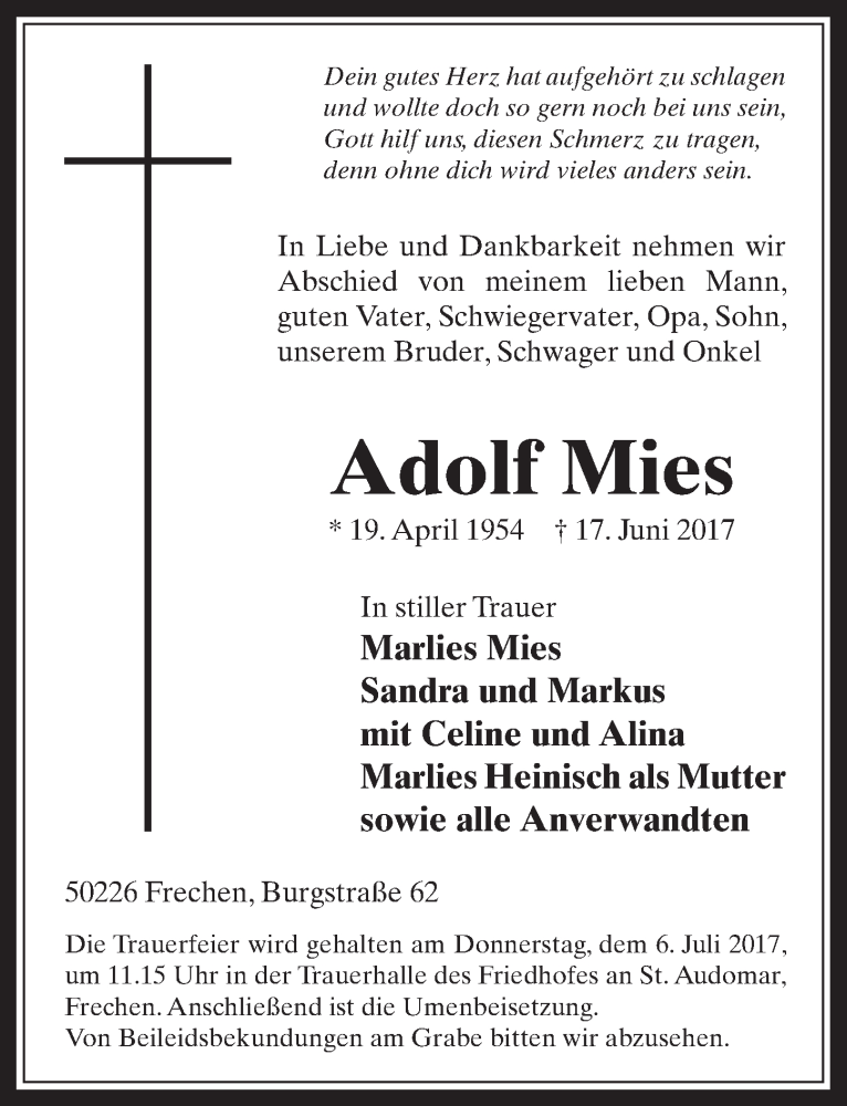  Traueranzeige für Adolf Mies vom 28.06.2017 aus  Wochenende 
