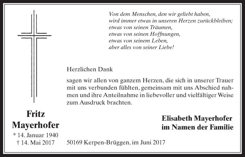  Traueranzeige für Fritz Mayerhofer vom 28.06.2017 aus  Werbepost 