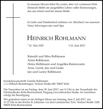 Anzeige von Heinrich Rohlmann von Kölner Stadt-Anzeiger / Kölnische Rundschau / Express