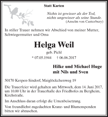 Anzeige von Helga Weil von  Sonntags-Post 