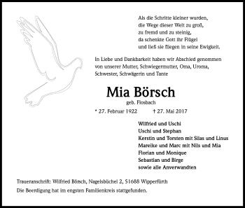 Anzeige von Mia Börsch von Kölner Stadt-Anzeiger / Kölnische Rundschau / Express