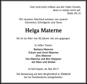 Anzeige von Helga Materne von Kölner Stadt-Anzeiger / Kölnische Rundschau / Express