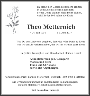 Anzeige von Theo Metternich von  Kölner Wochenspiegel  Werbepost 