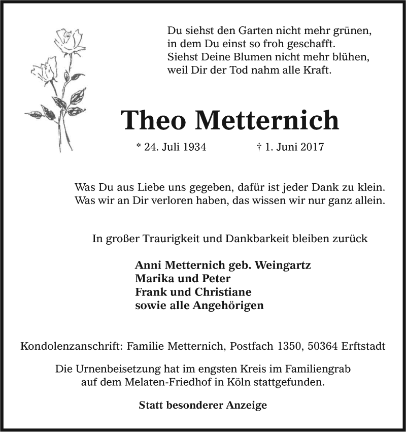  Traueranzeige für Theo Metternich vom 17.06.2017 aus Kölner Stadt-Anzeiger / Kölnische Rundschau / Express