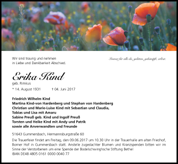 Anzeige von Erika Kind von Kölner Stadt-Anzeiger / Kölnische Rundschau / Express