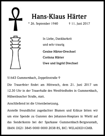 Anzeige von Hans-Klaus Härter von Kölner Stadt-Anzeiger / Kölnische Rundschau / Express