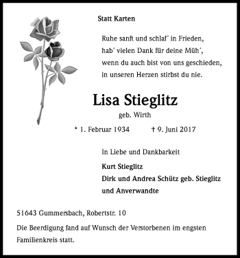Anzeige von Lisa Stieglitz von Kölner Stadt-Anzeiger / Kölnische Rundschau / Express