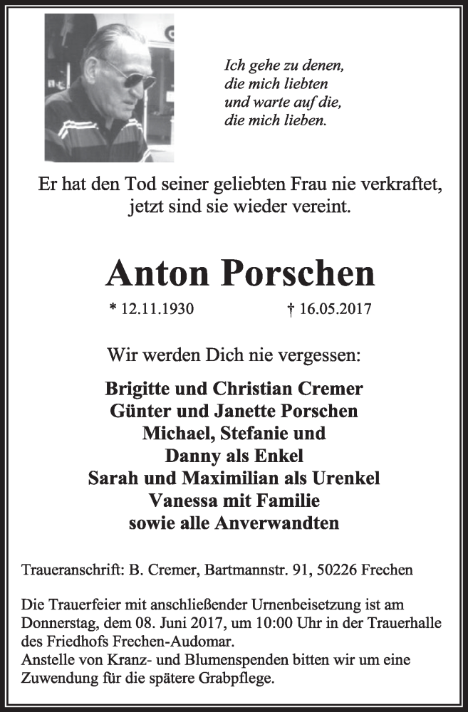  Traueranzeige für Anton Porschen vom 03.06.2017 aus  Sonntags-Post 
