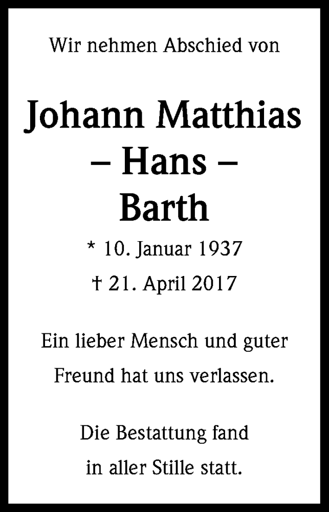  Traueranzeige für Johann Matthias Barth vom 10.06.2017 aus Kölner Stadt-Anzeiger / Kölnische Rundschau / Express