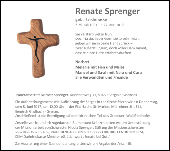 Anzeige von Renate Sprenger von Kölner Stadt-Anzeiger / Kölnische Rundschau / Express