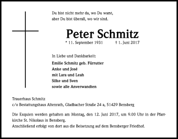 Anzeige von Peter Schmitz von Kölner Stadt-Anzeiger / Kölnische Rundschau / Express