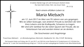 Anzeige von Maria Miebach von Kölner Stadt-Anzeiger / Kölnische Rundschau / Express