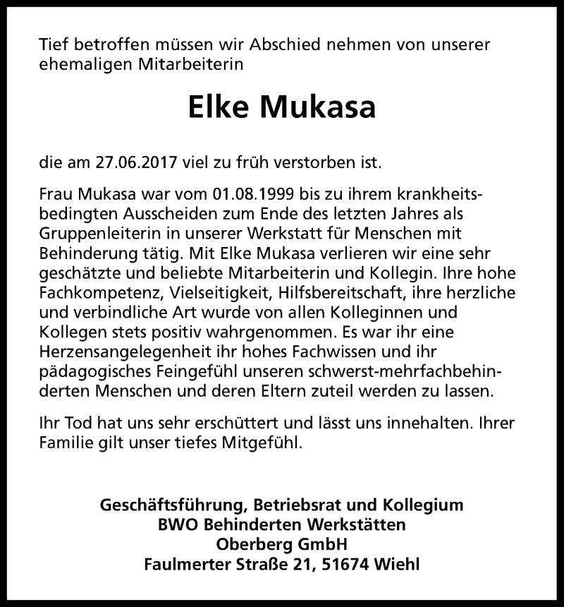  Traueranzeige für Elke Mukasa vom 29.06.2017 aus Kölner Stadt-Anzeiger / Kölnische Rundschau / Express