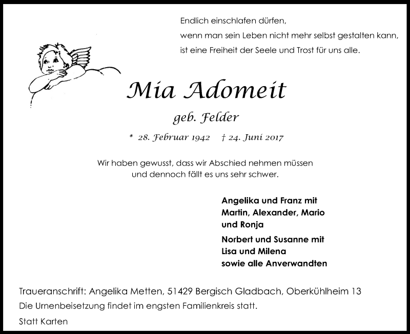  Traueranzeige für Alia Adomeit vom 28.06.2017 aus Kölner Stadt-Anzeiger / Kölnische Rundschau / Express