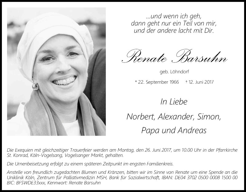  Traueranzeige für Renate Barsuhn vom 17.06.2017 aus Kölner Stadt-Anzeiger / Kölnische Rundschau / Express