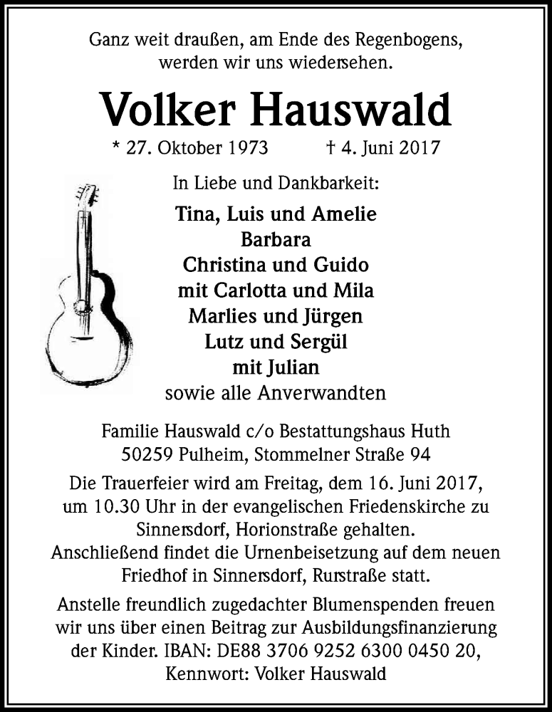  Traueranzeige für Volker Hauswald vom 10.06.2017 aus Kölner Stadt-Anzeiger / Kölnische Rundschau / Express