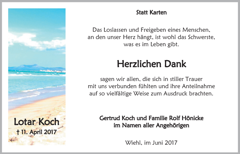  Traueranzeige für Lotar Koch vom 07.06.2017 aus  Anzeigen Echo 