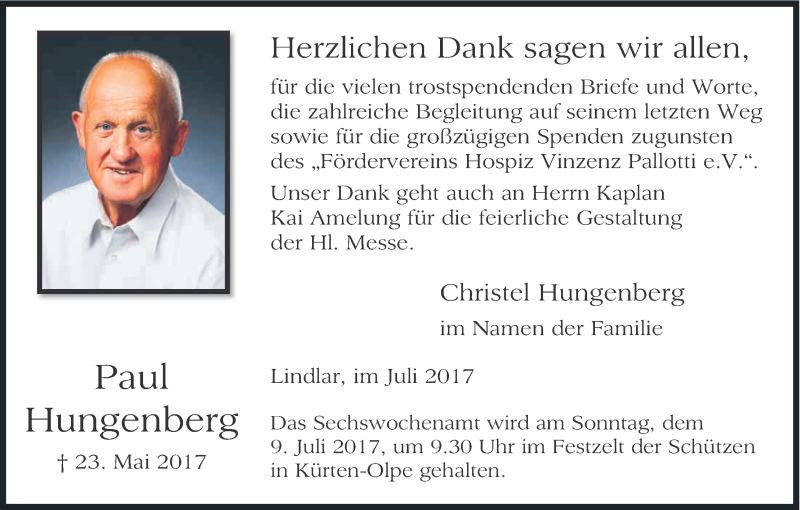  Traueranzeige für Paul Hungenberg vom 01.07.2017 aus Kölner Stadt-Anzeiger / Kölnische Rundschau / Express