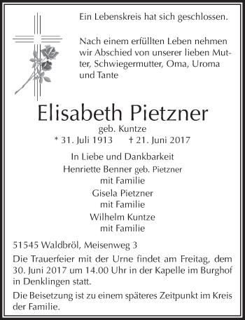 Anzeige von Elisabeth Pietzner von  Lokalanzeiger 