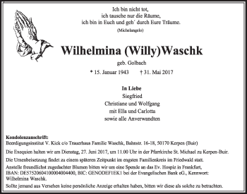 Anzeige von Wilhelmina Waschk von  Sonntags-Post 