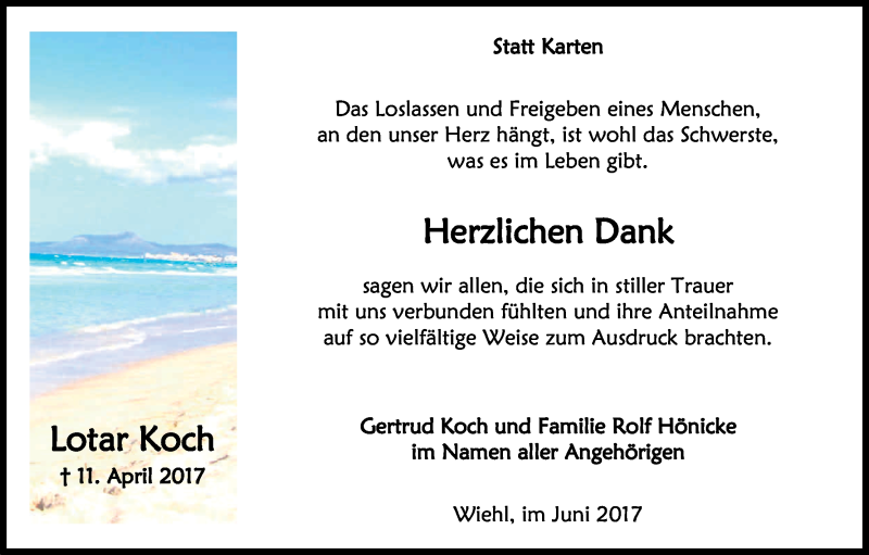  Traueranzeige für Lotar Koch vom 03.06.2017 aus Kölner Stadt-Anzeiger / Kölnische Rundschau / Express