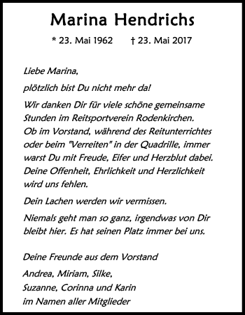 Anzeige von Marina Hendrichs von Kölner Stadt-Anzeiger / Kölnische Rundschau / Express