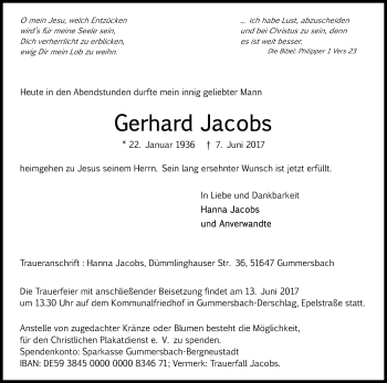 Anzeige von Gerhard Jacobs von Kölner Stadt-Anzeiger / Kölnische Rundschau / Express