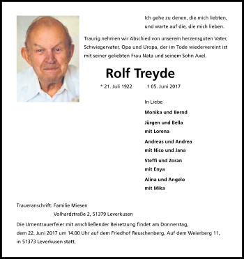 Anzeige von Rolf Treyde von Kölner Stadt-Anzeiger / Kölnische Rundschau / Express